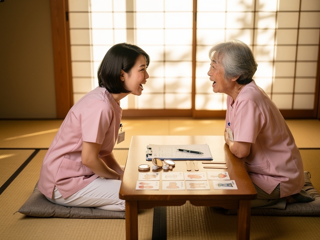 言語聴覚士が利用者の自宅で口腔リハビリを行う様子