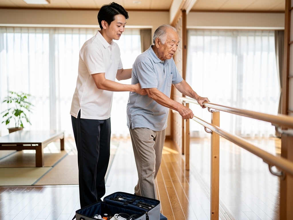 理学療法士が利用者の自宅で歩行リハビリを支援する様子